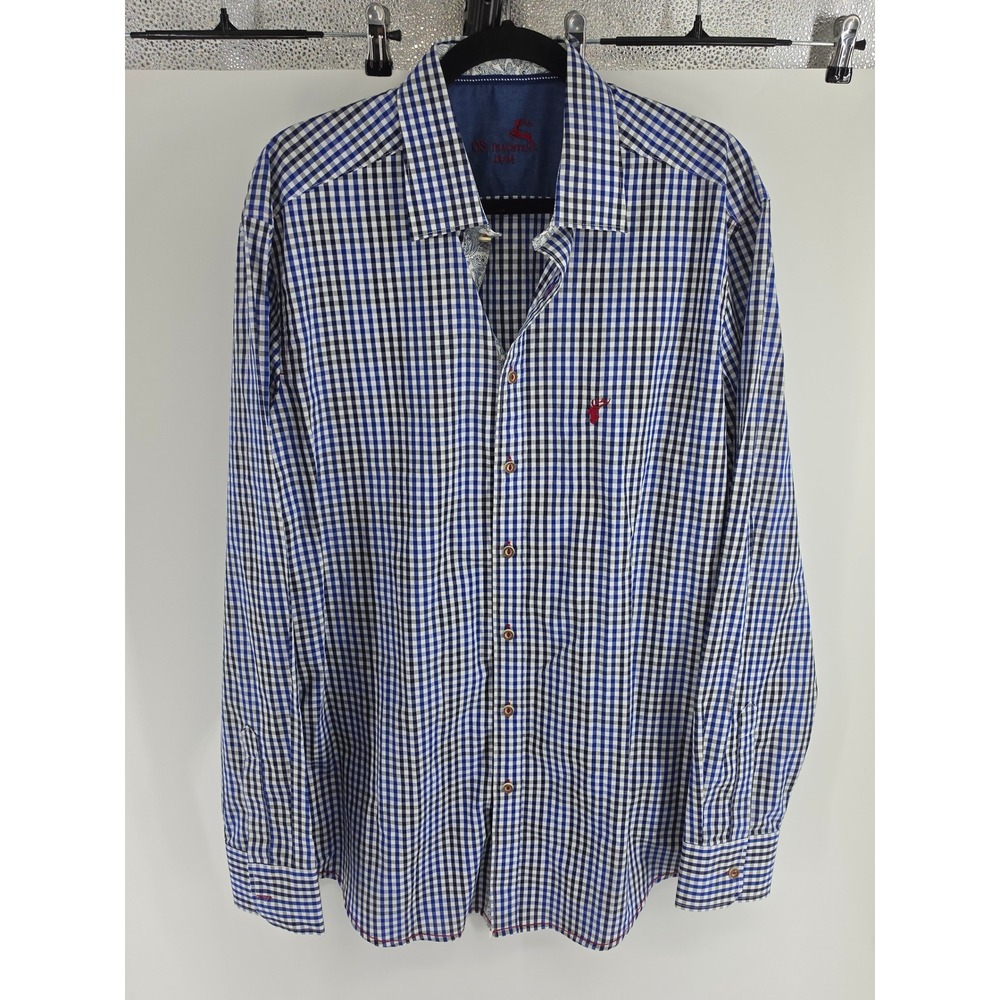 OS Trachten Mens Blue Gingham Check Cotton Button Down Shirt Stag Logo 43/44